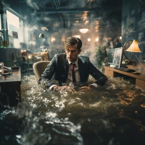 A distressed businessman at his office in water. Generative Ai.